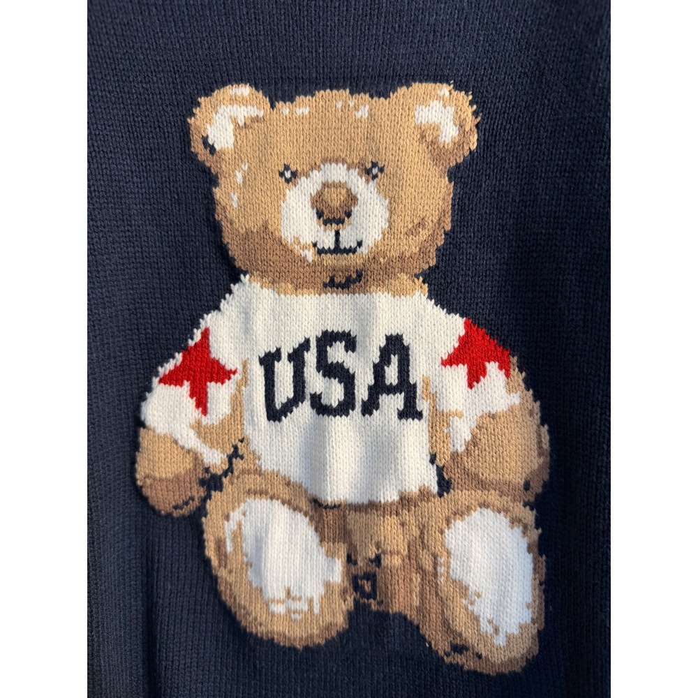USA Teddy Bear Sweater Medium Navy Blue Knit Americana Graphic - Picture 3 of 5
